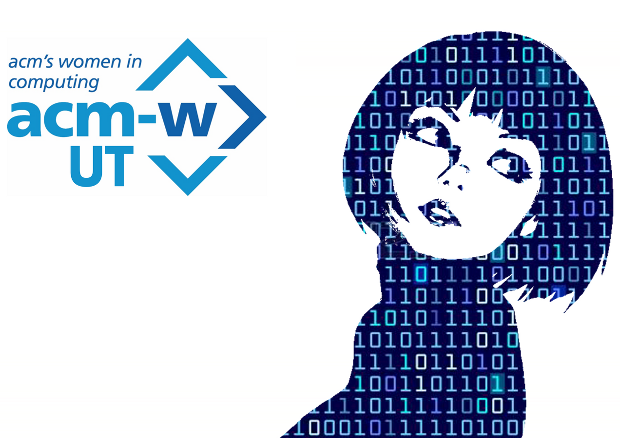 logo of a woman made with binary with the words ACM-W UT